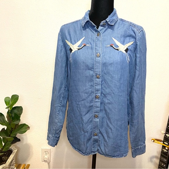 The Kooples Tops - The Kooples Jeans Denim Crane Bird Embroidered Button Up Shirt Small